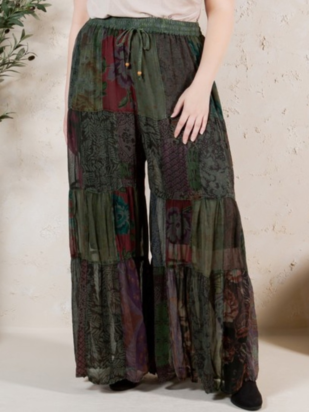 "The Kendra" Basil Retro Revival Long Flared Patchwork Pants